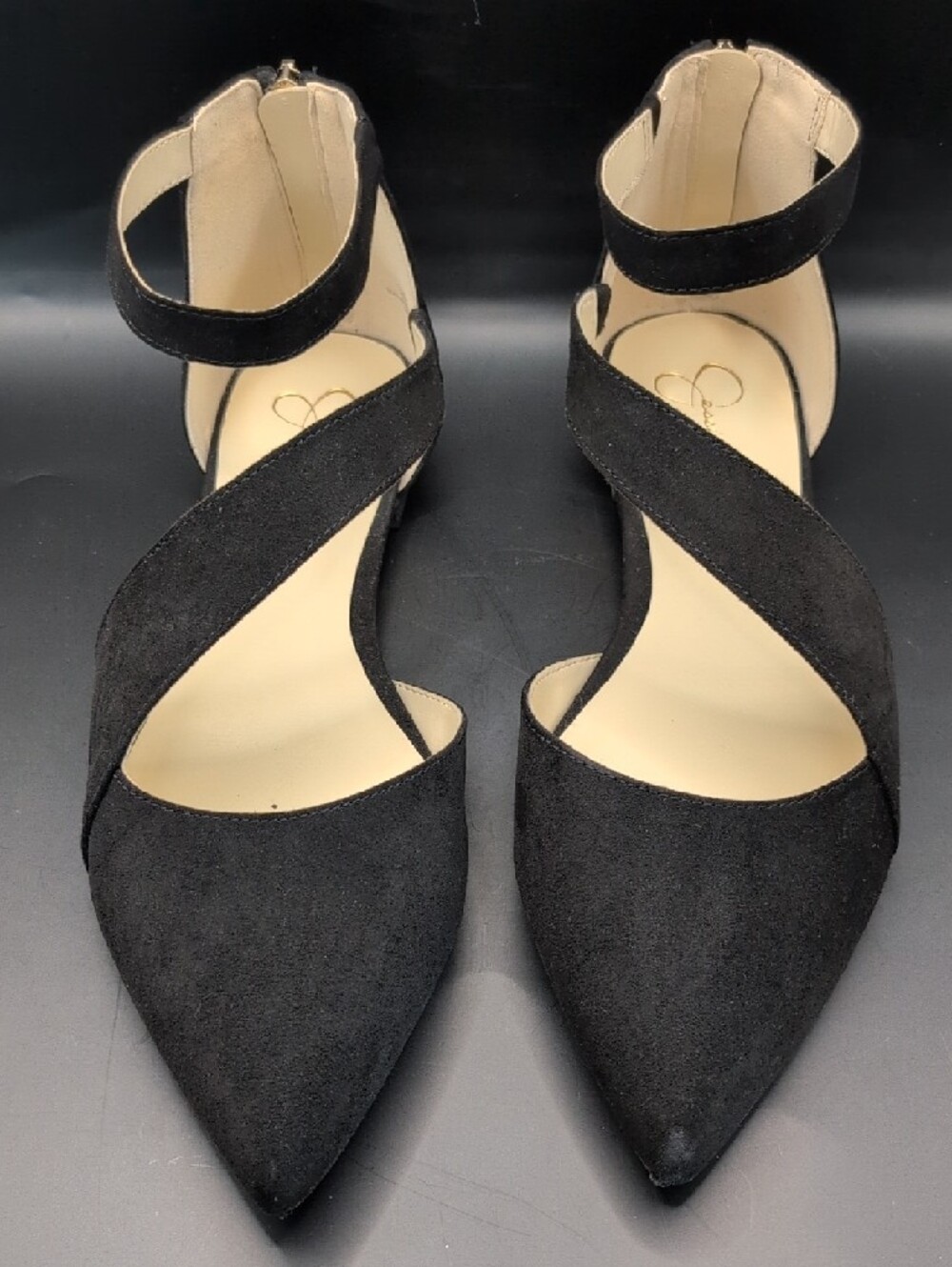 JESSICA SIMPSON Pointed Flats with Ankle Strap Cayleen Style Black Microsuede 10